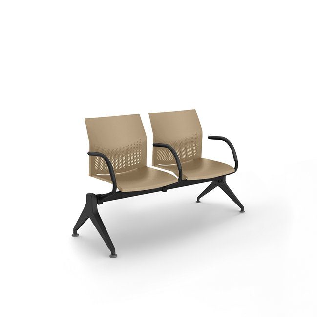 Two-seat beige waiting bench with perforated backs and black armrests on a metal frame.