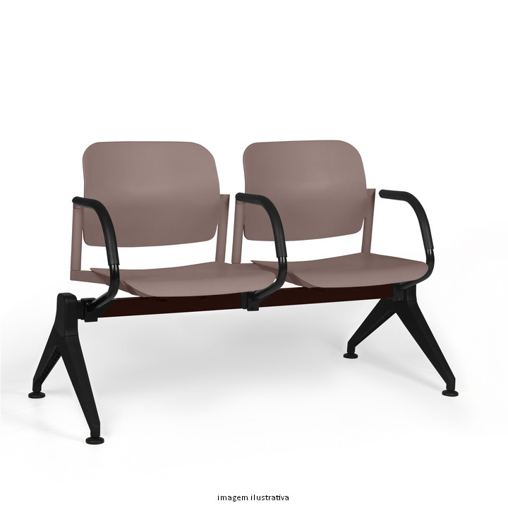 Two connected waiting chairs with taupe upholstery, black curved armrests, and a shared dark metal base on a white background.