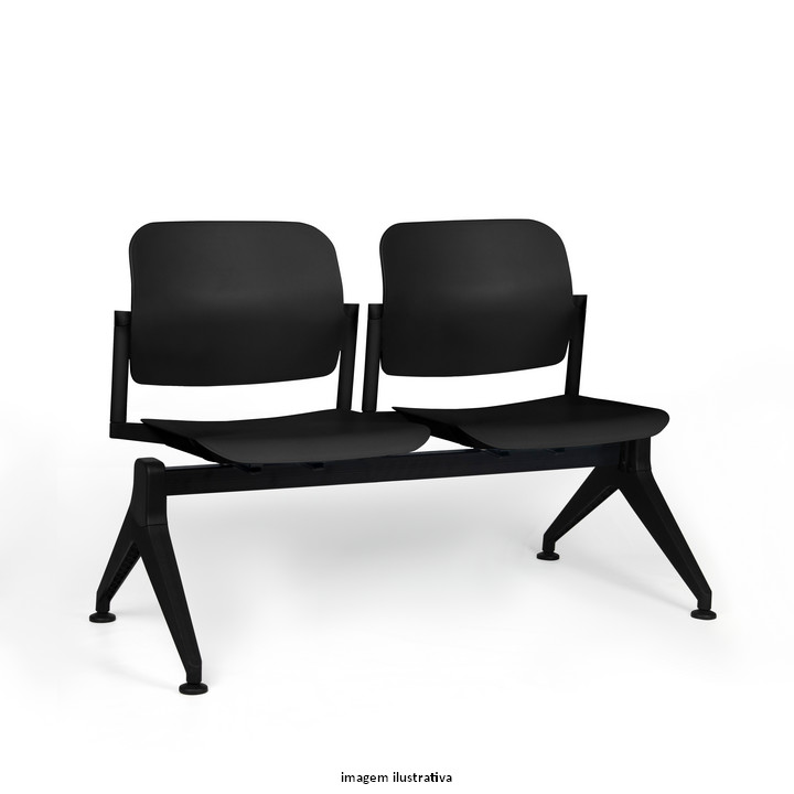 Two black connected seats forming a small bench with a shared frame, set on four angled legs in a modern waiting-room style