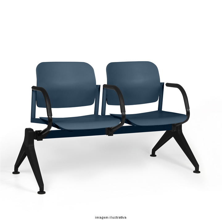 Pair of blue waiting area seats connected by a shared blue frame with black armrests and angled black legs placed on a white background