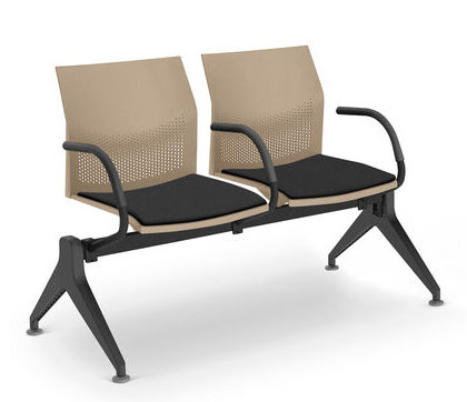 Two-seat modern waiting bench with beige perforated backrests and black cushions on a dark metal frame.