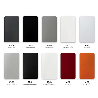 Two rows of ten color swatches labeled with product codes top row M 07 M F3 M F11 M 13 M 05 bottom row M 20 M 16 M 14 M 50 M 57 Describes a colorfinish selection grid