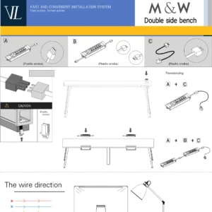 Instructional diagram for assembling a doublesided bench desk shows ABC steps power strip connections cautions and cable routing