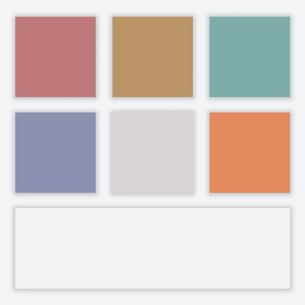 Six color swatches arranged in two rows of three red mustard teal lavender light gray orange with a large white banner below