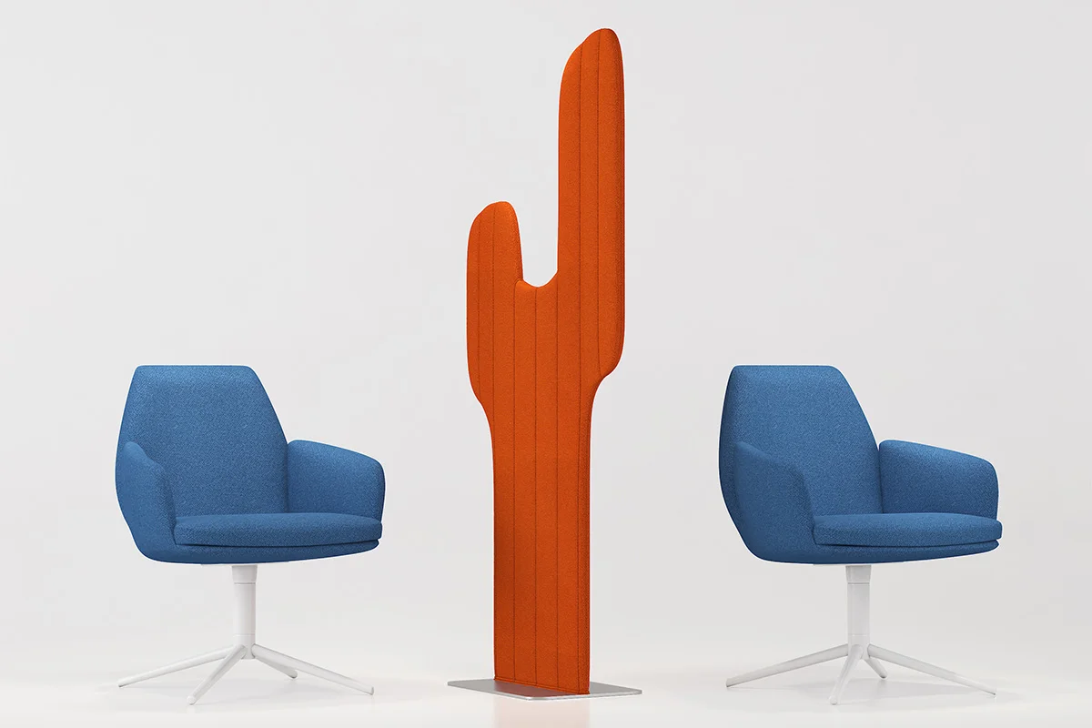 Modern seating setup with two blue upholstered swivel chairs flanking a tall orange cactus sculpture on a white background.