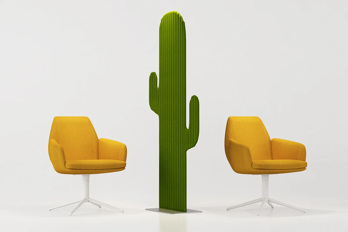 Two yellow lounge chairs face a tall green cactus centered between them in a minimal studio setting.