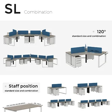 SL Combination modular office desks with blue partitions in multiple layouts linear U shaped and cluster with mobile pedestals under desks showing configurable workstations