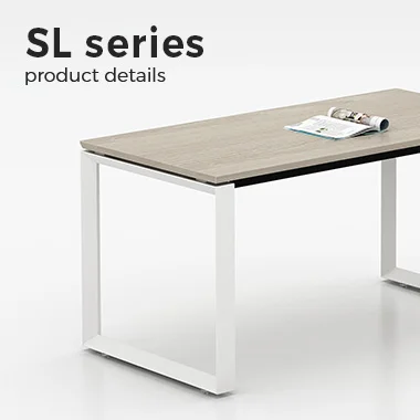 SL series product details text shown with a minimalist desk featuring a light wood tabletop and white metal legs