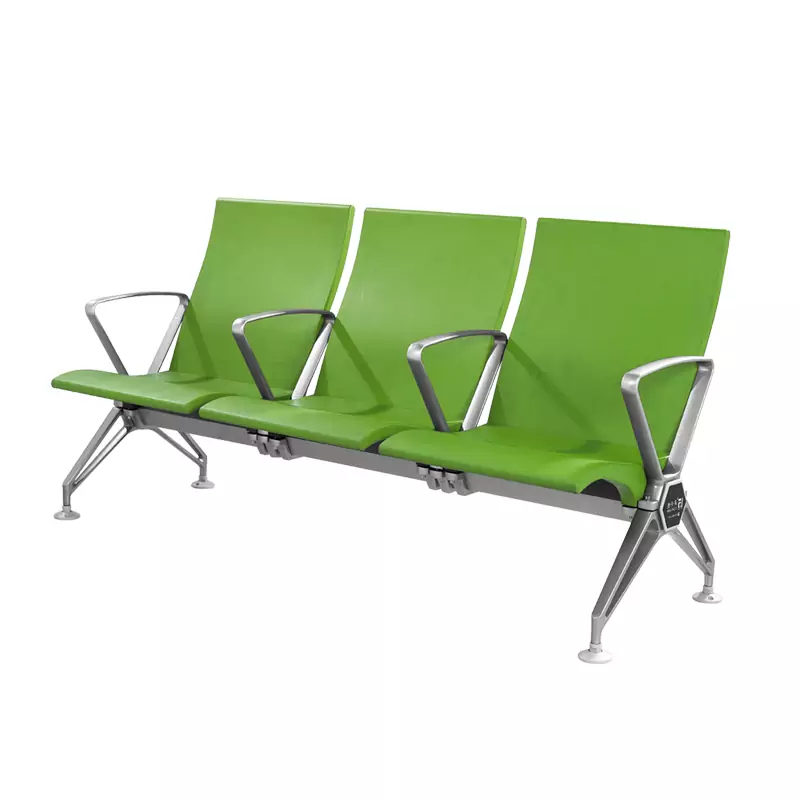 Three connected lime green waiting chairs with metal frames and armrests under a shared bench frame