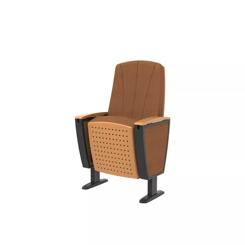 Brown auditorium chair with perforated back panel, brown upholstery, and black metal legs with armrests
