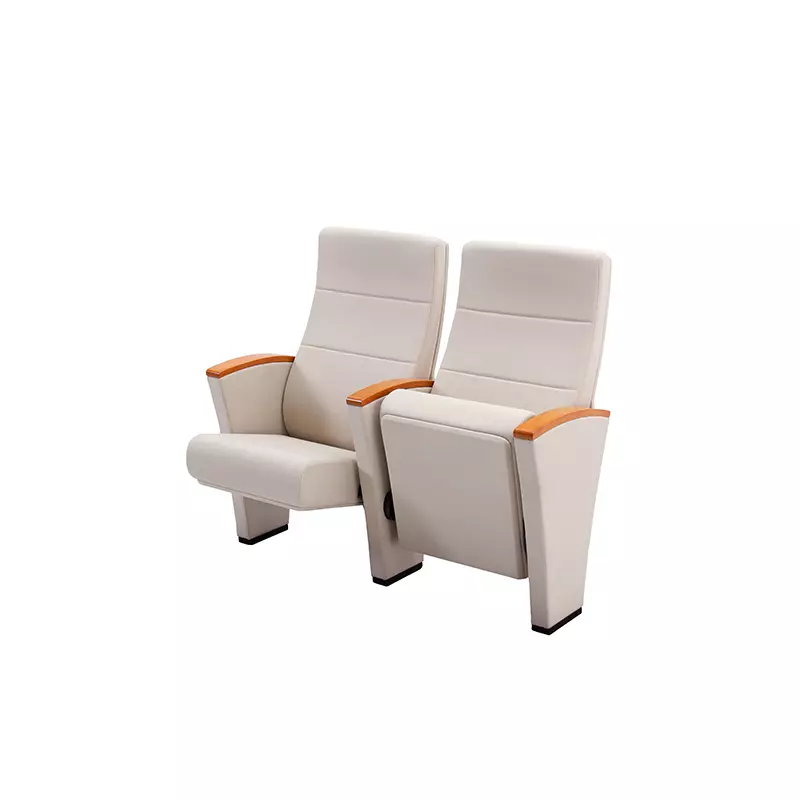 Pair of white upholstered auditorium seats with light wood armrests