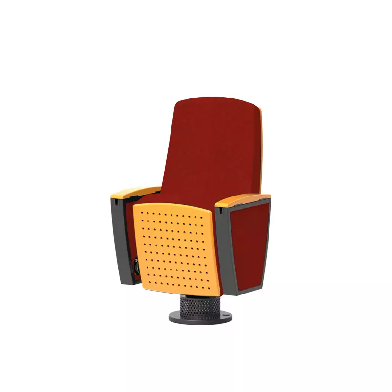 Red upholstered theater chair with a yellow perforated front panel and gray armrests on a pedestal base in an auditorium style setting.