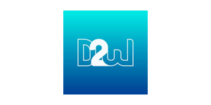 D2W logo white D2W text on a blue gradient square background from cyan top to navy bottom