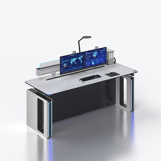 Futuristic computer workstation with three curved monitors, keyboard, and built-in PC towers on a white desk with dark cabinets.
