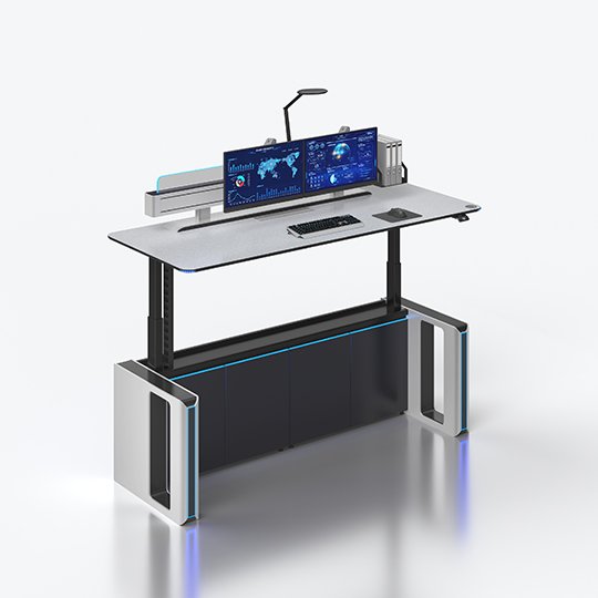 Modern standing desk with two widescreen monitors, a keyboard, and a slim desk lamp, blue accent lighting.