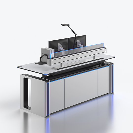 Futuristic laboratory workstation with a raised screen and robotic arms above a sleek cabinet with blue LED accents.