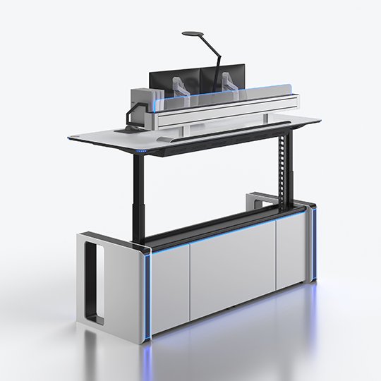 Futuristic modular lab workstation with an elevated monitor panel, divider rails, and blue LED accents on a white background