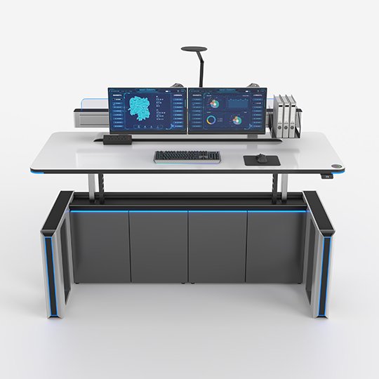 Futuristic computer workstation with two large monitors showing charts, a keyboard and mouse on a white desk, and a grey cabinet beneath with blue LED accents