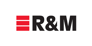 RM brand logo three red horizontal bars to the left of bold black RM text