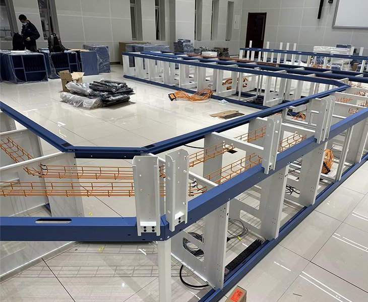 Under-construction data center mezzanine with blue steel framing and orange cable trays awaiting install