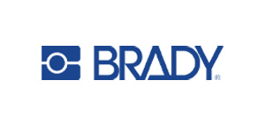 Brady logo in blue with a circular gear like emblem to the left