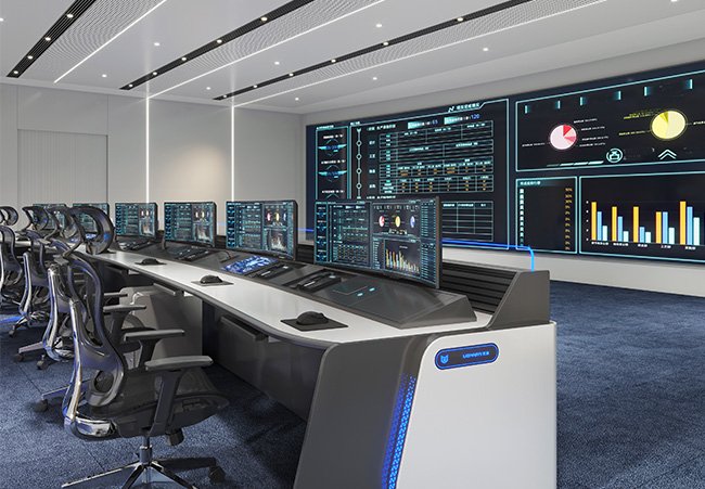 Control room with a row of desks and multiple monitors, plus a wall of data screens showing charts and graphs.