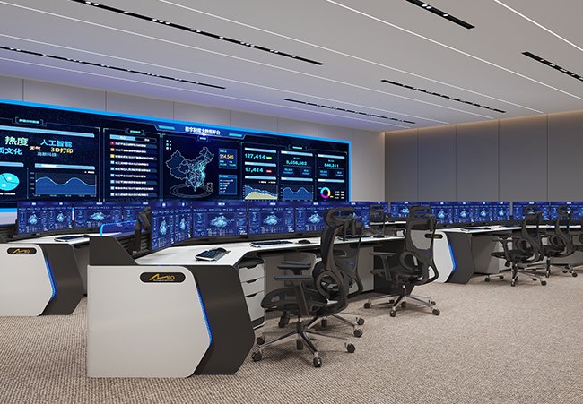A modern operations control room with curved white desks, ergonomic chairs, and wall‑to‑wall blue dashboards displaying charts and maps.