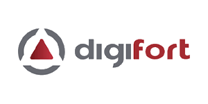 Digifort logo gray circular emblem with a red triangle followed by digi in gray and fort in red