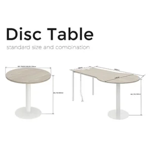 Disc Table round pedestal table left and an extendable version with fold out leaves right with dimension annotations indicating height and length