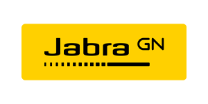 Jabra GN logo on a yellow rounded rectangle background with a dotted line underneath the text on a white page