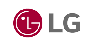 LG logo red circular emblem with a white smiley face next to gray LG lettering