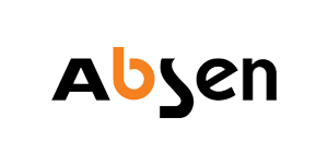 Absen logo the brand name with an orange stylized b integrated into the text