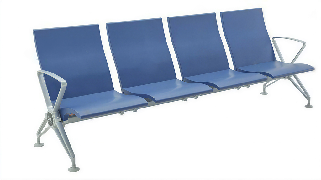 Row of four blue stadium seats connected by a metal frame on a white background