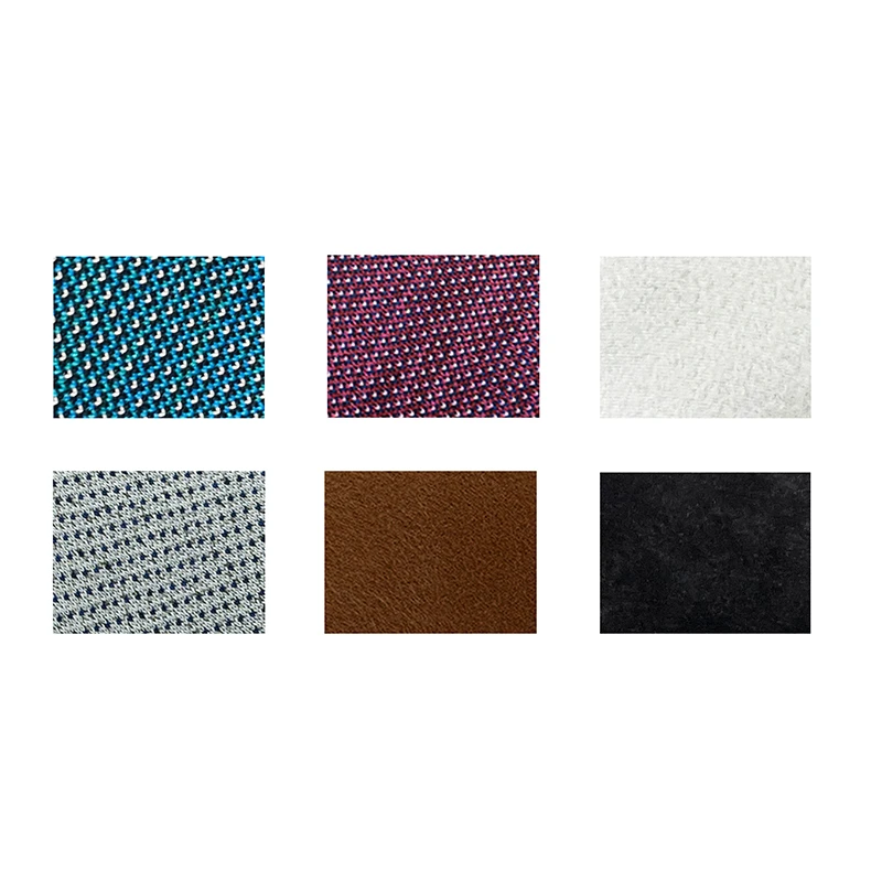 Six fabric swatches in a 2x3 grid blue burgundy light beige on top row gray woven brown leather black on bottom row