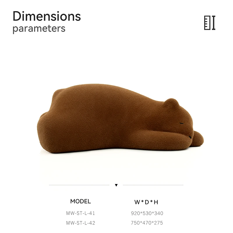 Brown plush stuffed animal lying on its side with small ears on a white background page shows dimensions and model numbers