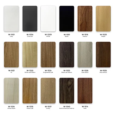 Grid of wood veneer color samples from light to dark with product codes beneath each swatch