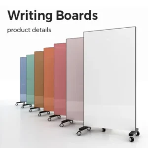 Line of colorful mobile whiteboards on wheels angled for visibility product details