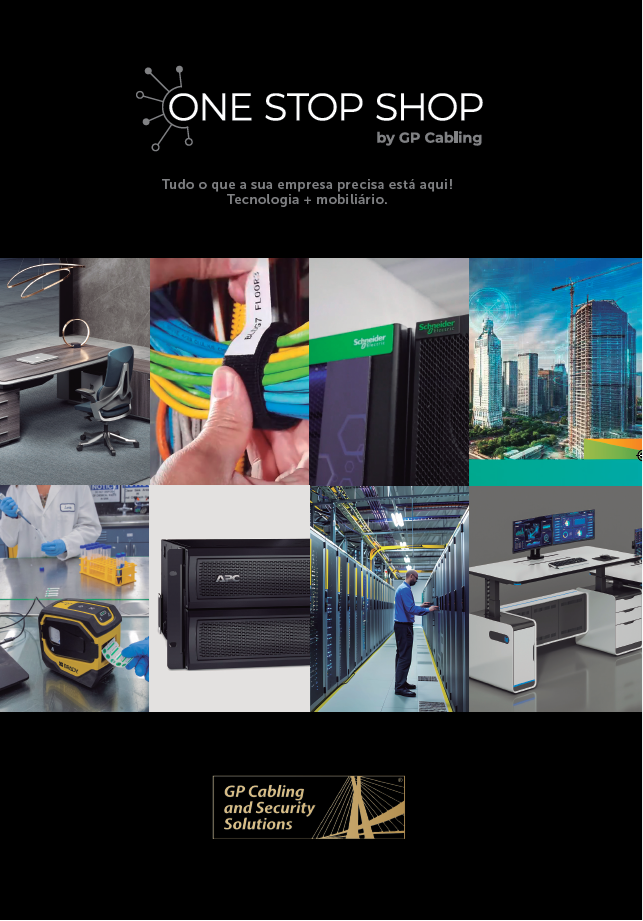 Logo ONE STOP SHOP by GP Cabling with Portuguese tagline above a collage of IT hardware networking cables servers office furniture and a GP Cabling logo at the bottom