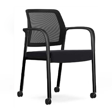 Black office chair with mesh back padded seat curved armrests and four caster wheels