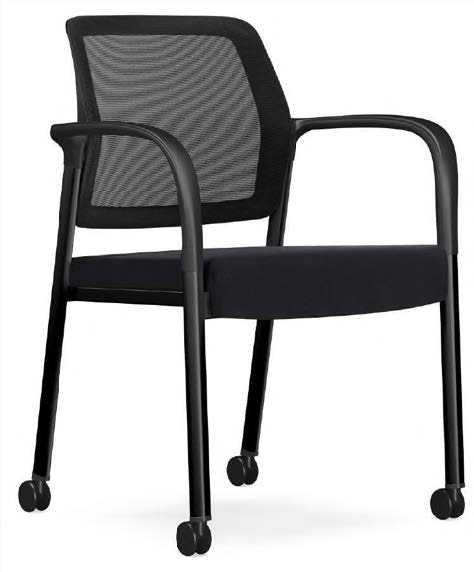 Black office chair with a mesh back, padded seat, and rolling casters on a white background.