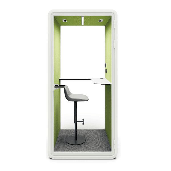 Small private work pod with lime green interior built in white desk and gray adjustable stool inside a white framed booth