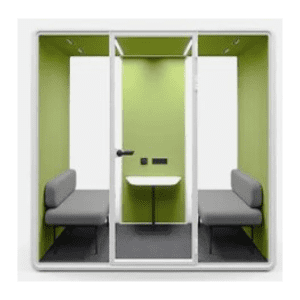 Glass walled privacy booth with lime green interior two gray chairs and a small table between them