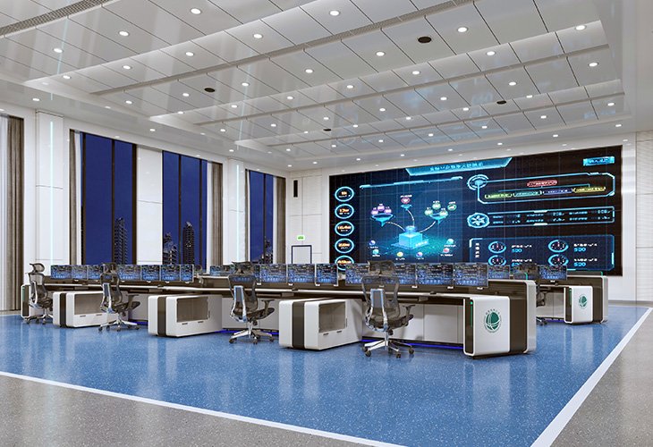 Control room with rows of desks and many computer workstations facing a large wall display of data dashboards in a high-tech setting at night.