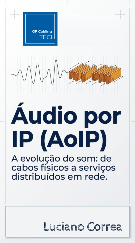 Cover of a technical article titled Áudio por IP AoIP with the GP Cabling TECH logo a waveform and wooden blocks by Luciano Correa
