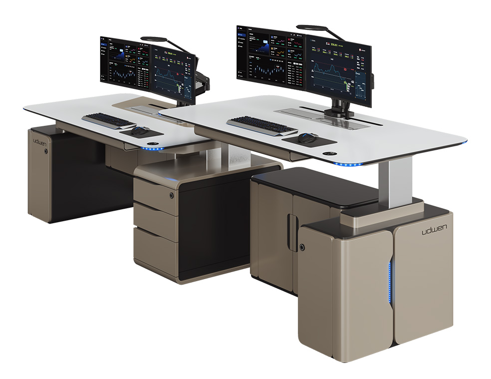 Dual workstation with two desk modules and matching beige tower PCs, each with a large monitor, keyboard, and mouse for data analysis setups.