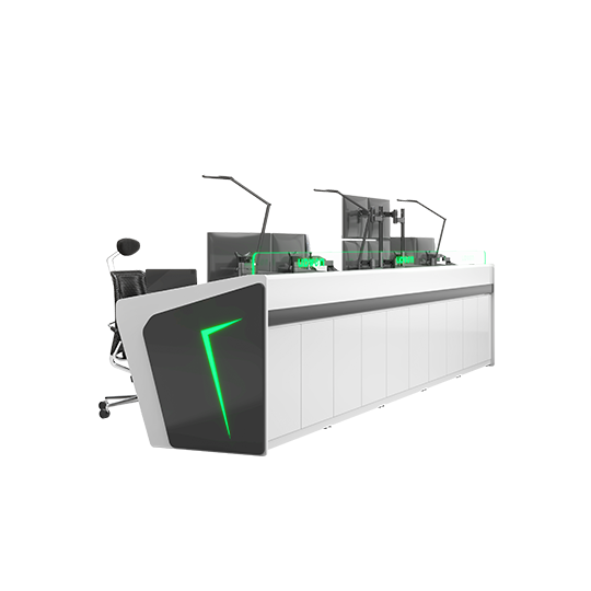 Long white reception/command desk with black angled panels and neon green accents, set up with monitors and microphones behind it the scene shows a professional workstation.