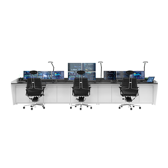Control room workspace with three connected desks, each with multiple monitors, microphones, and an office chair on wheels, facing the screens.
