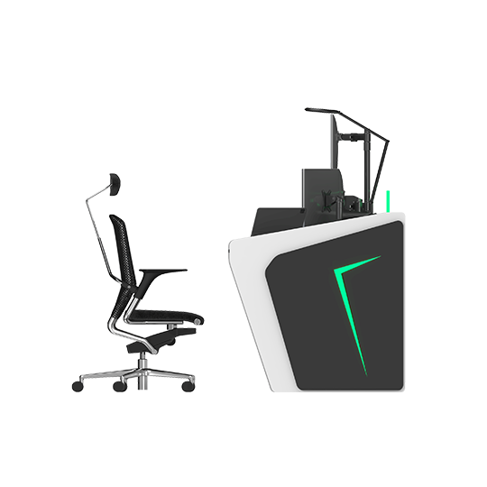 Ergonomic swivel office chair on the left and a podcasting desk with a microphone and green accent on the right.