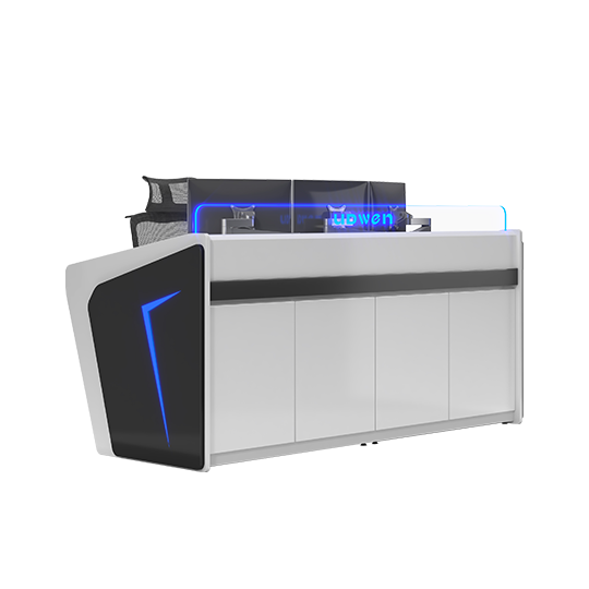 Modern white reception desk with blue neon lighting and a dark front panel 3D render