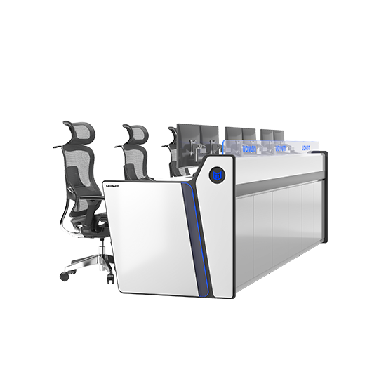 Modern white and black curved desk with multiple computer workstations and ergonomic chairs in a row